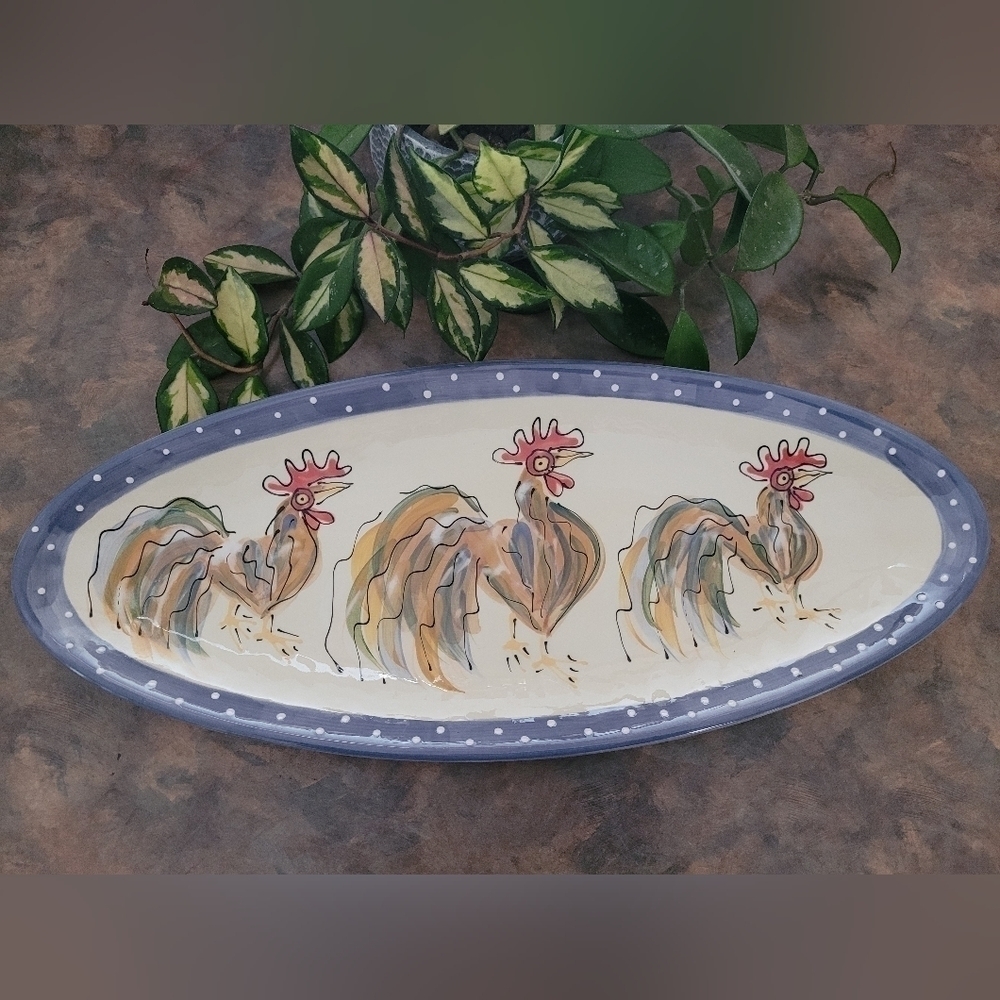 HANDCRAFTED Pottery Large Oval Serving Plate Platter, Roosters, Made in Canada